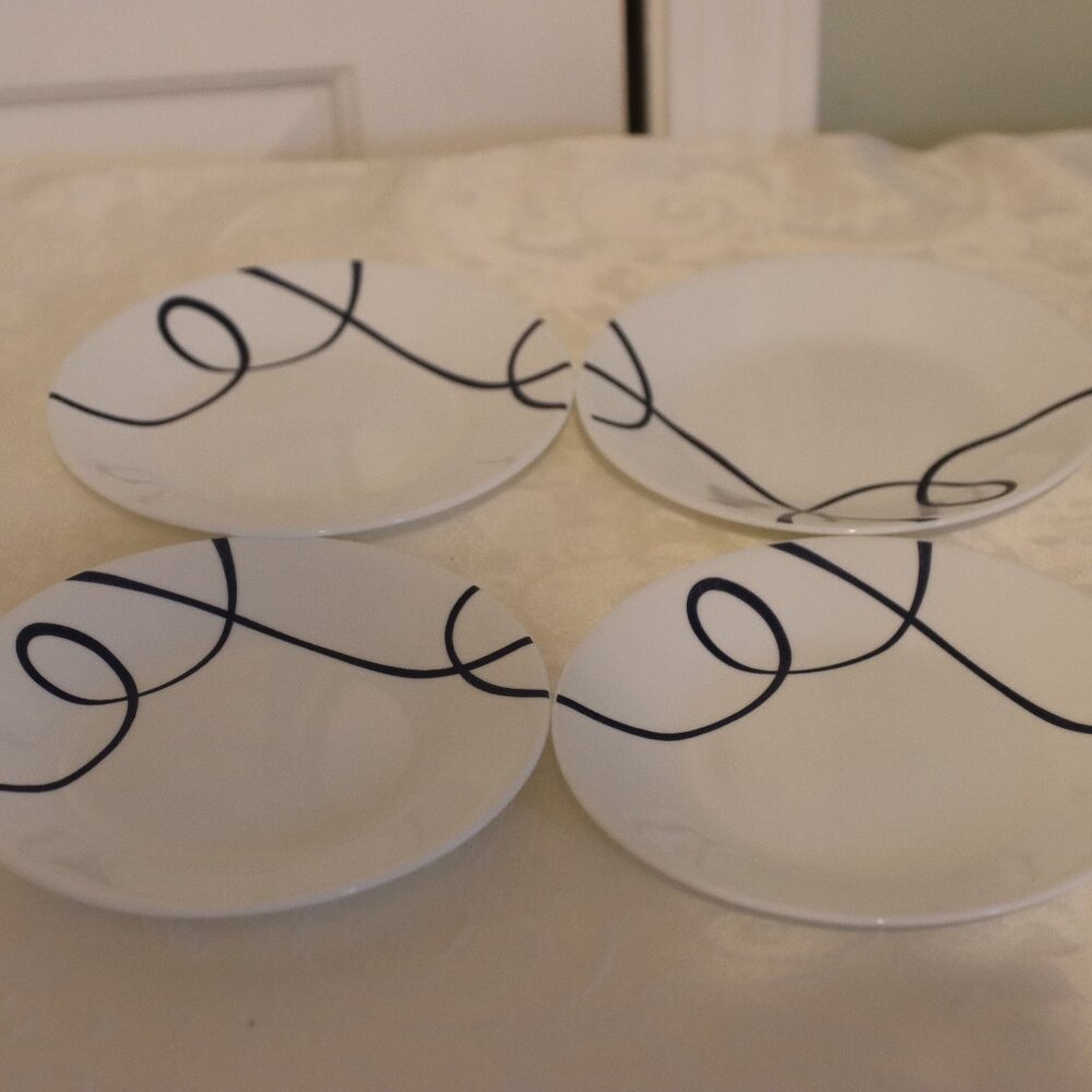 4 Corelle Lia 6.75”  Plates White with Blue Swirl Design Made in USA